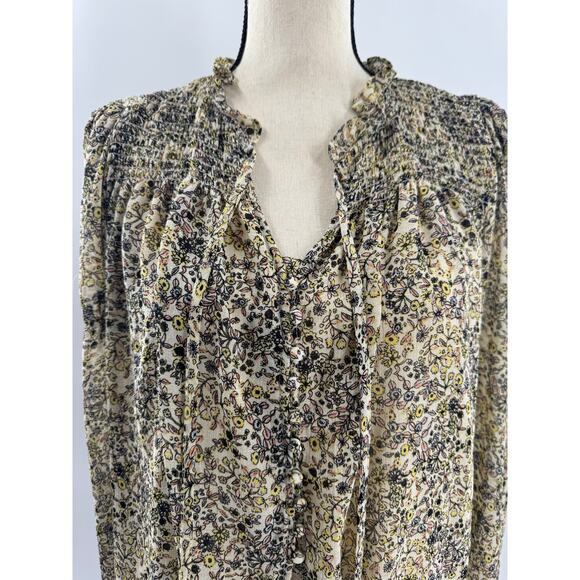 Free People Ivory Cream Floral Top Ruffle Pleated Blouse Peasant Boho Small M9| - Picture 2 of 11